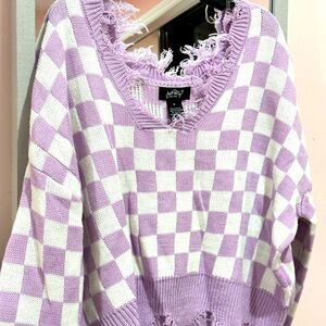 Cropped Off shoulder sweater Purple and white plaid